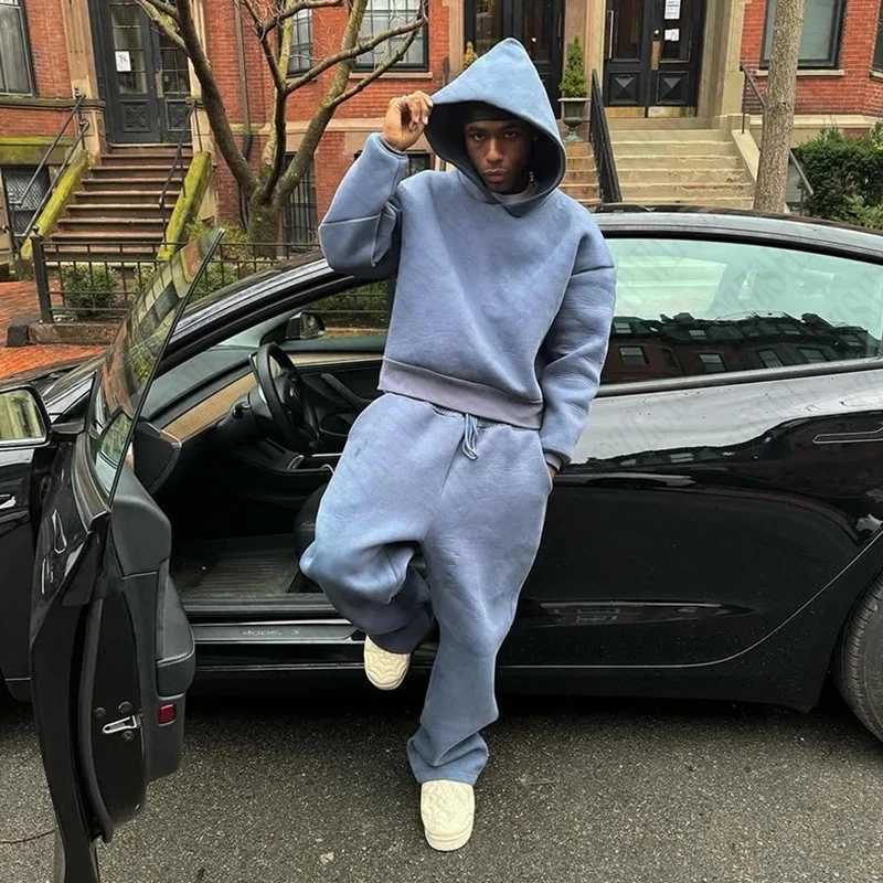 Y2K High Street Gothic Solid Color Sweatshirt Set Punk Harajuku Retro Hip Hop Rock Pocket Casual Street Clothing Mens Sports Pants W250117