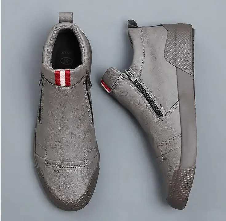 New Men Leather Casual Shoes Spring Autumn Fi Double Zipper Trend High Tops Flat Shoes Cool Loafers Man Winter BootsXJ250118