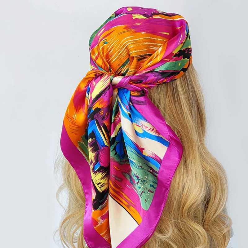 90 * 90CM Kerchief Fashion Printed Satin Scarf Popular Colorful Square Shls Luxury Sunscreen New Headpiece Fountain Muffler W250118