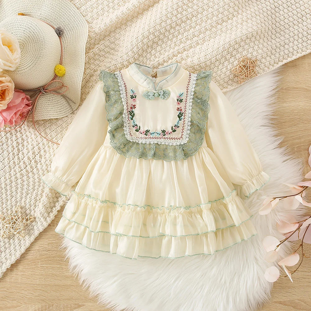 Autumn and Winter Girls Qipao Small Standing Neck Long Sleeve Dress Childrens Embroidered Ruffle Edge Pleated Large Skirt 250117