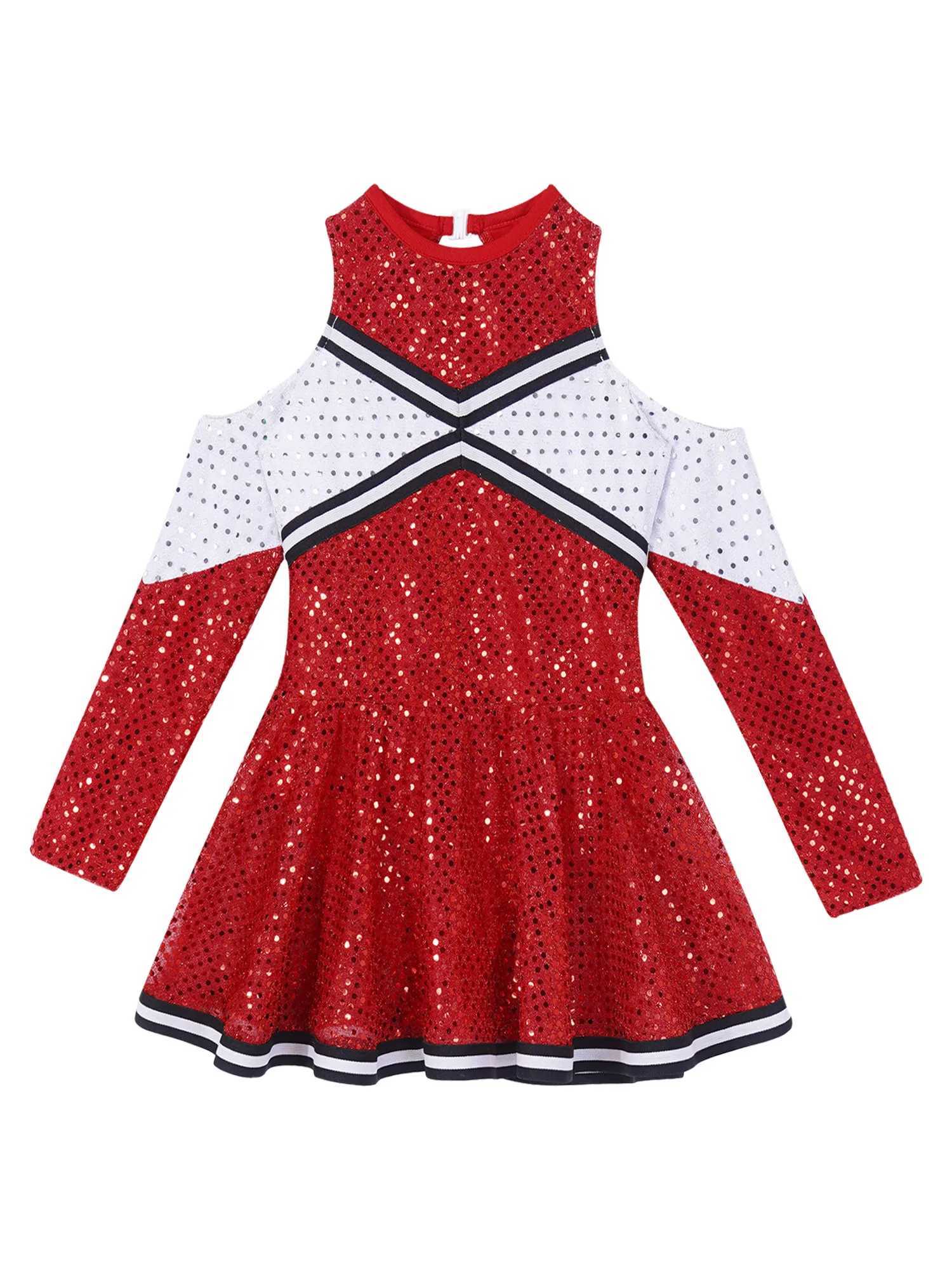 Kids Girls Cheerleading Uniform Dance Costume Long Sleeve Off-shoulder Round Neckline Contrast Color Shiny Sequins Dance DressW250121