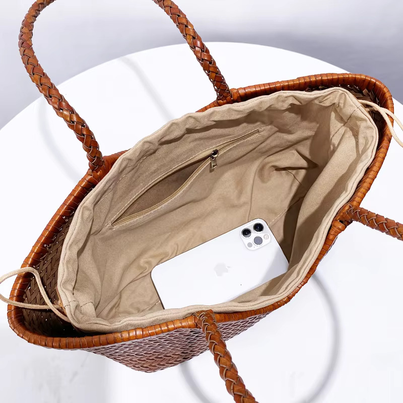 Genuine Leather Handwoven Tote Bags For Women Designer Handbags And Purses 2024 New In Cowhide With Inner Pocket Shoulder