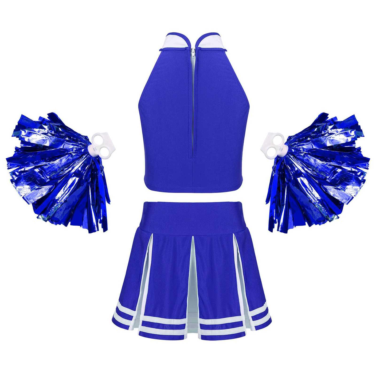 Kids Girls Cheerleading Costume Cheering Team Dance Outfits Tops Pleated Skirt Tassel Flower Ball Set Child Cheerleader UniformsW250121
