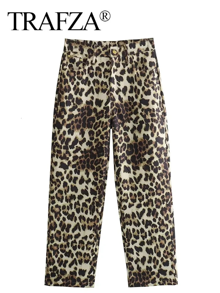 TRAFZA Woman Leopard Print Trouser High Waist Loose Zipper Fly Female Long Pants Vintage Streetwear Womens Wide Leg Pant 250117