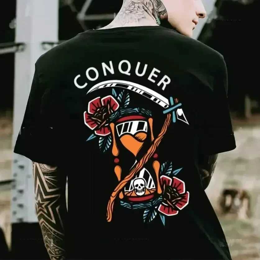 Gothic Harajuku bicycle skull graphic T-shirt mens fashion trend short sleeved top dark punk skull retro T-shirt mens oversized T-shirt W250117