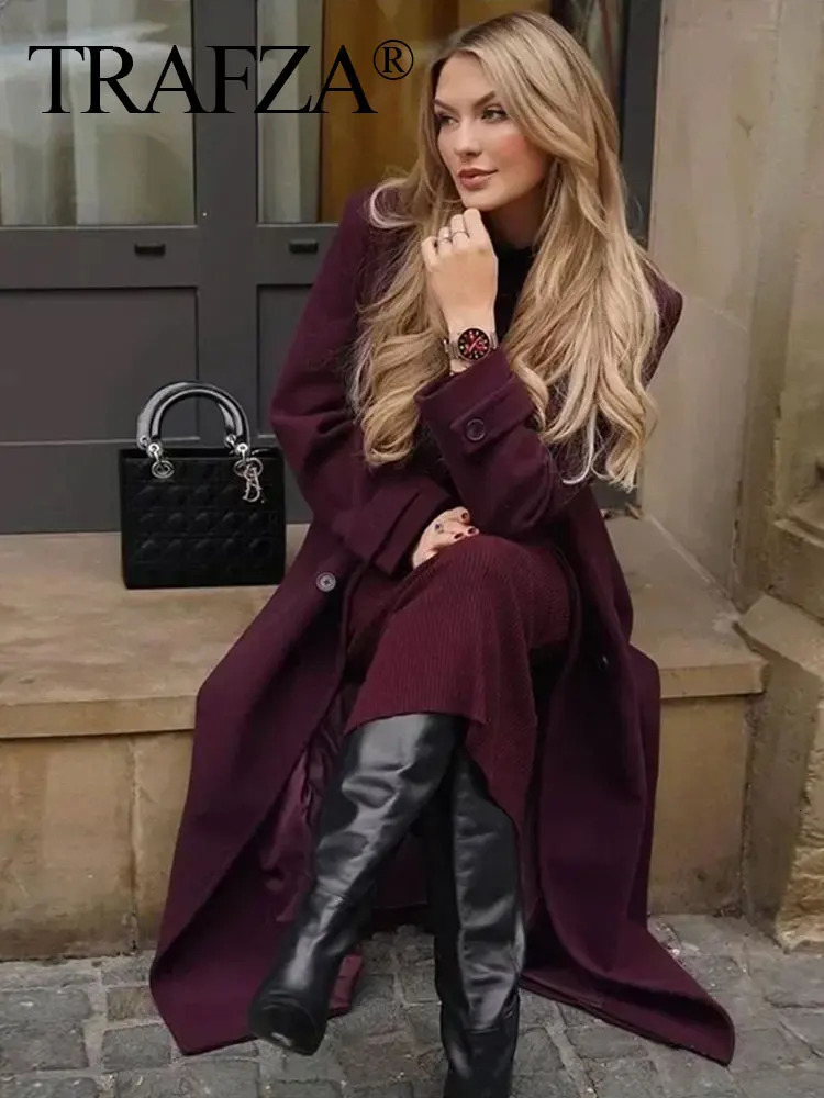 TRAFZA Women Elegant Burgundy Oversize Lapel Coat Belt Wool Blend Double Breasted Long Sleeve Jacket 2024 Autumn Commute Outwear 250110