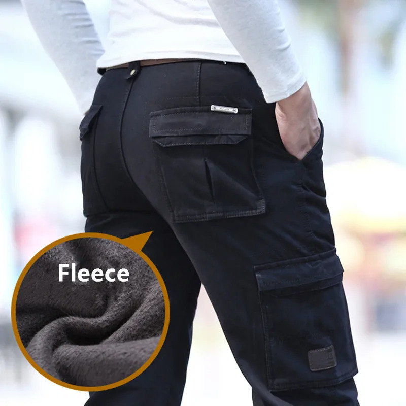 6 Pockets Fleece Warm Cargo Pants Men Clothing Thermal Work Casual Winter Pants For Men Green Black Khaki Trousers Male 250114