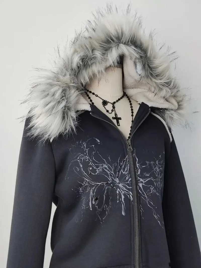 Y2K Gothic Printed Fur Collar Zipper Hoodie Womens Retro Millennium Hot Girl Ultra Thin Warm Harajuku Korean Street Casual Hoodie W250117