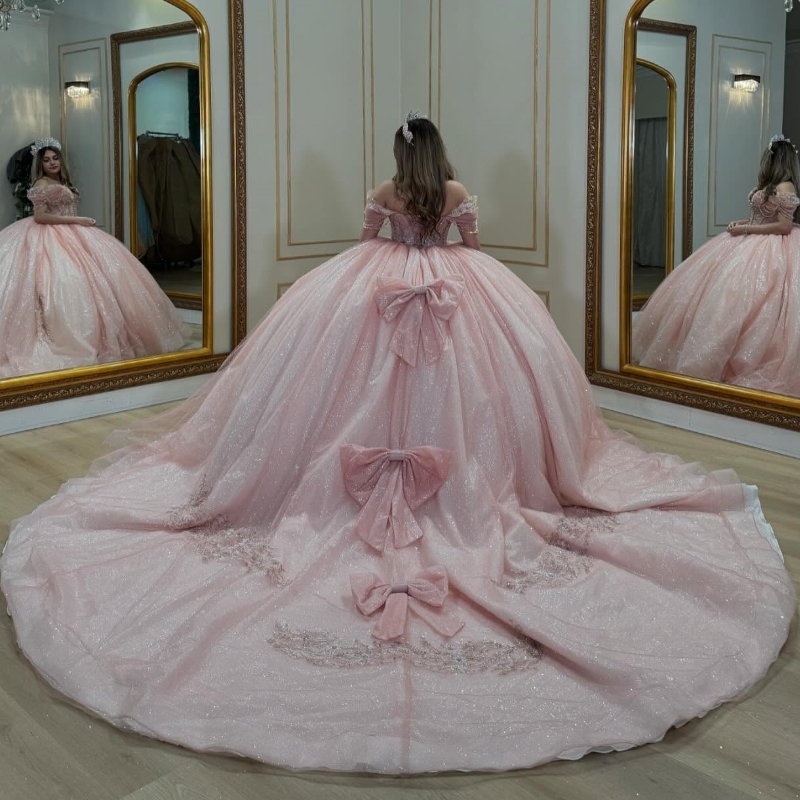 Pink Shiny Quinceanera Dresses Ball Gown Off Shoulder Beading Crystal Bow Tull Corset Birthday Party Sweet 16 Dress Vestidos 15 De Anos