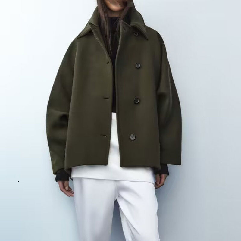 Autumn Winter Woolen Coat Women Fashion Solid Lapel Blend Short Cape Long Sleeve Loose Jacket Single-Breasted Pockets Outwears