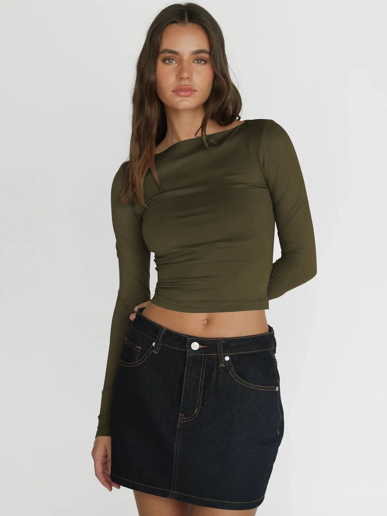 Long Sleeve T Shirt Women Autumn Winter Y2k Crop Top Casual Slim Fit Pullovers Solid O Neck T-shirts Streetwear Female Basic Tee 250110