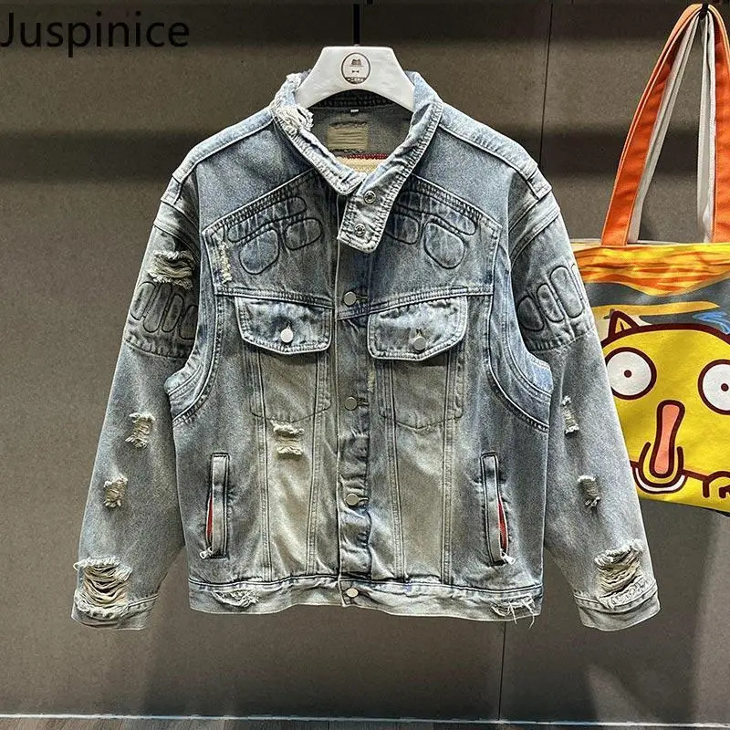 American Style Niche Ripped Denim Jackets Mens Loose Casual High Street Handsome Jacket Men Tops Overcoat Male Clothes 250109