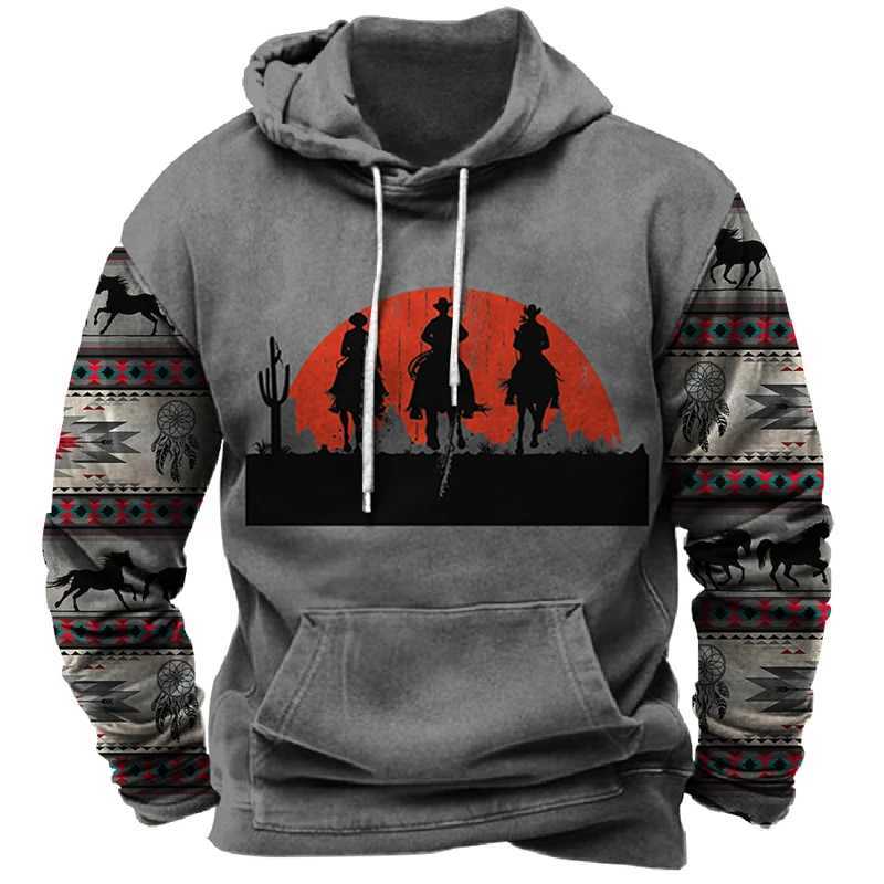 Western Cowboy Mens Outdoor Hoodie Harajuku Hooded Sweatshirt Spring Autumn Vintage Casual Pullover y2k Tops Unisex Streetwear W250117