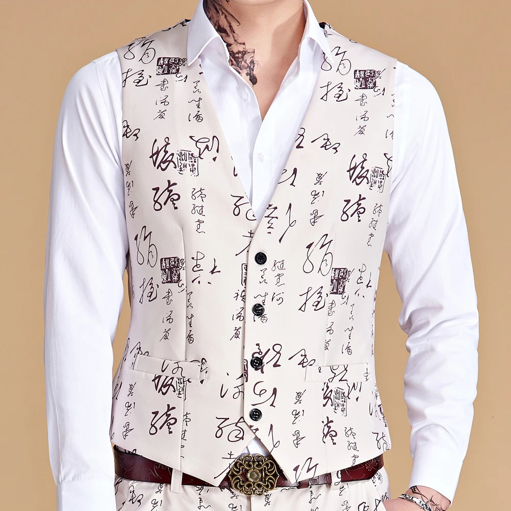 Mens Printing Suit Vest Fashion Casual High Quality Single Breasted Slim Large Size Business Waistcoat Man 250114Z