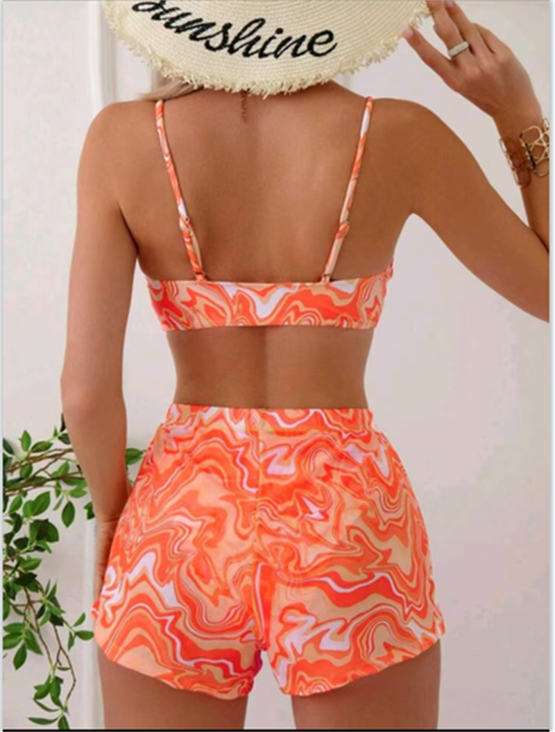 2025 Print Bikini Set with Mesh High Waist Beach Shorts Three Piece Swimsuit Women Push Up Swimwear Female Bather Bathing Swimming Swim Suit Beachwear