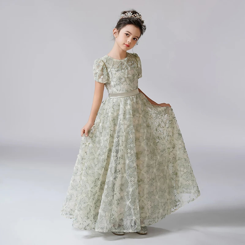 Dideyttawl Customized Dress For Girl Rhinestone Flower Lace Dresses Puff Sleeves Kids Birthday Formal Princess Gowns 250117