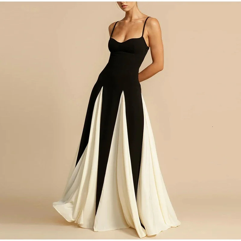 Black White Patchwork Strap Midi Dress Women Sexy Sleeveless Female Sling Elegant Party maxi Dresses Club Vestidos Fashion 250121