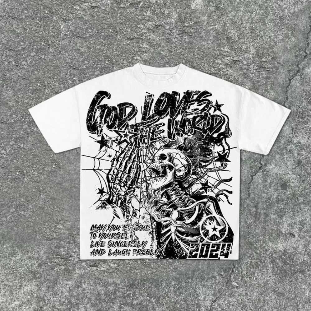 Casual Short Sleeve God Loves The World Graphics 00% Cotton T-Shirt Men Y2K Short Sleeves Oversize Tshirt Streetwear Women Tops W250117