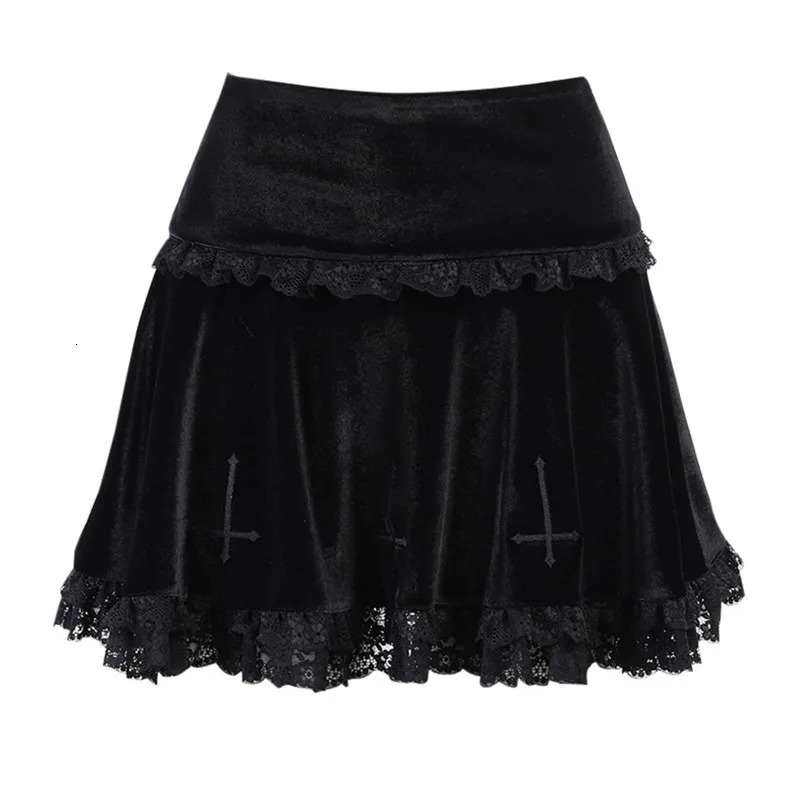Lamuusaa Punk Gothic Skirt 2000 Black Dark Academia Cross Print High Waist Pleated Aline y2k Vintage Lace Skirts 250110Z