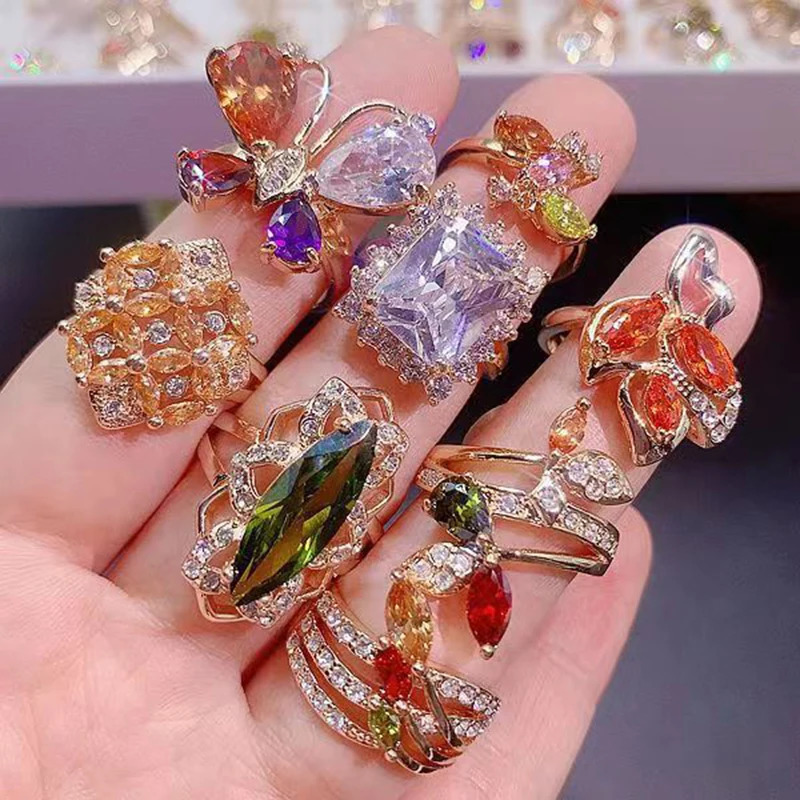10Pcs/Lot Fashion Crystal Zircon Rings For Women Korean Elegant Copper Alloy Flower Rings Finger Accessories Jewelry Gift 250121