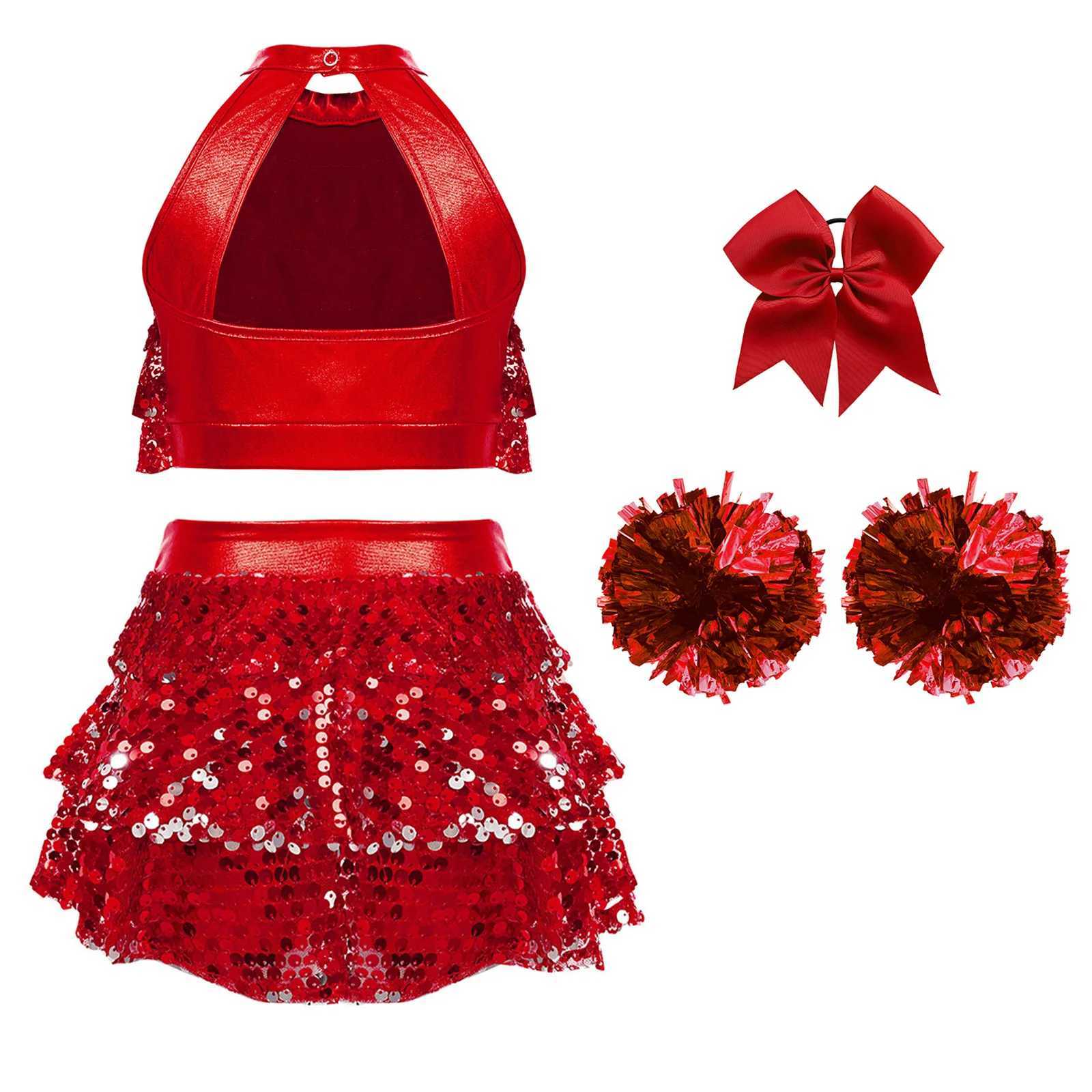 Kids Girls Jazz Dance Outfits Cheerleading Costume Childrens Dancewear Set Shiny Sequins Tiered Crop Top with Ruffled CulottesW250121