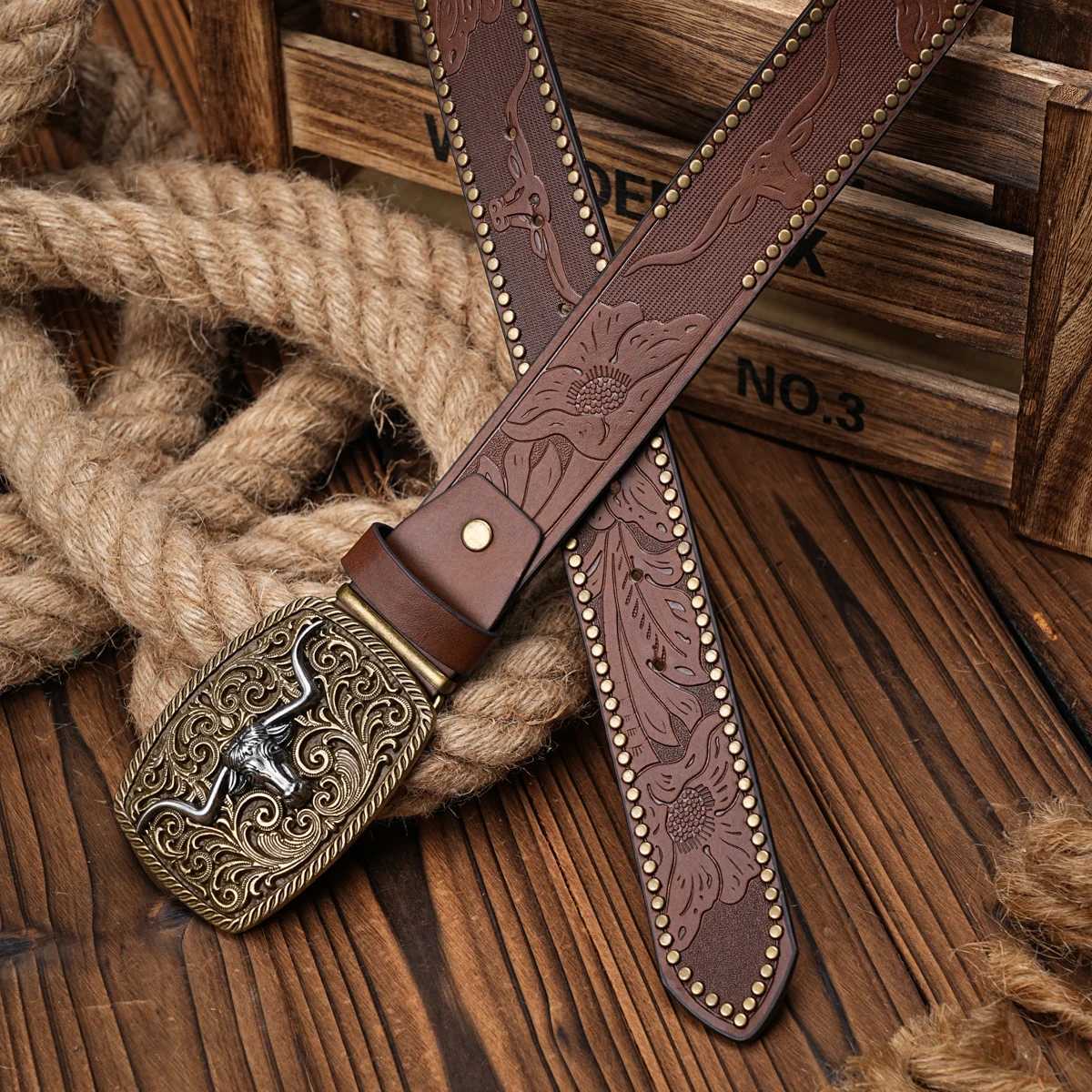 Men Women-Western-Cowboy-PU Leather-Belts - Vintage Belt Floral Engraved Buckle Belt for Jeans W250120