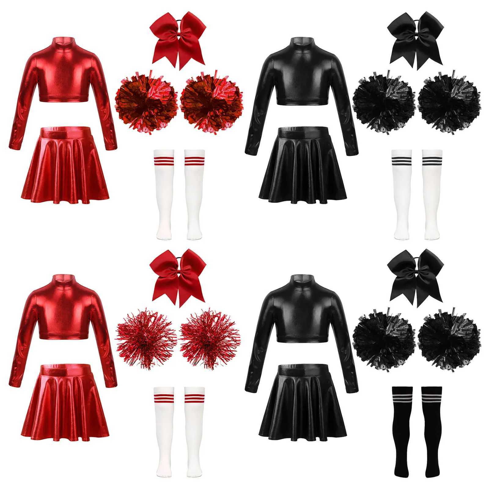 Girls Cheerleading Dance Outfit Long Sleeves Mock Neck Crop Top with A-Line Skirt Headwear Hand Flowers Socks Set for StageW250121