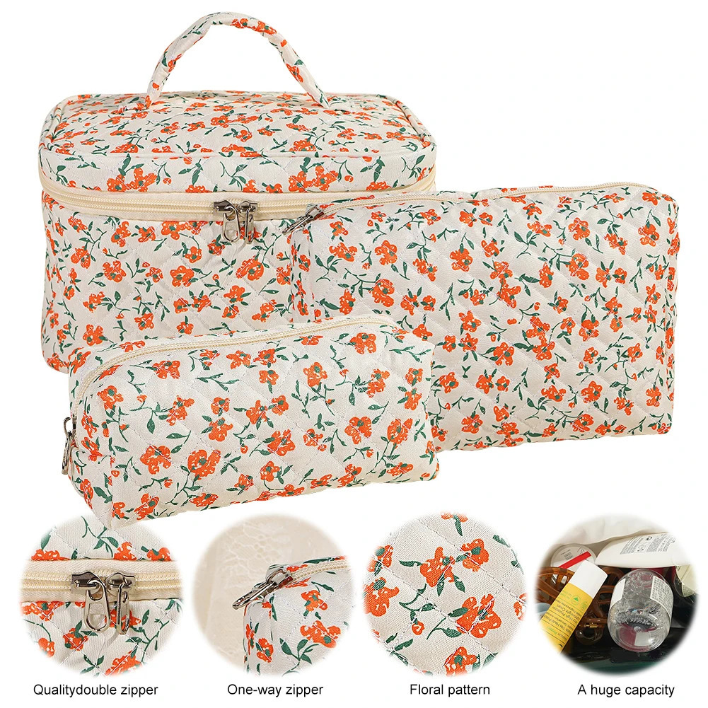 3Pcs Cosmetic Bag Cute Floral Cotton Toiletry Bag Zipper Toiletry Organizer Bag for Women Girls250114