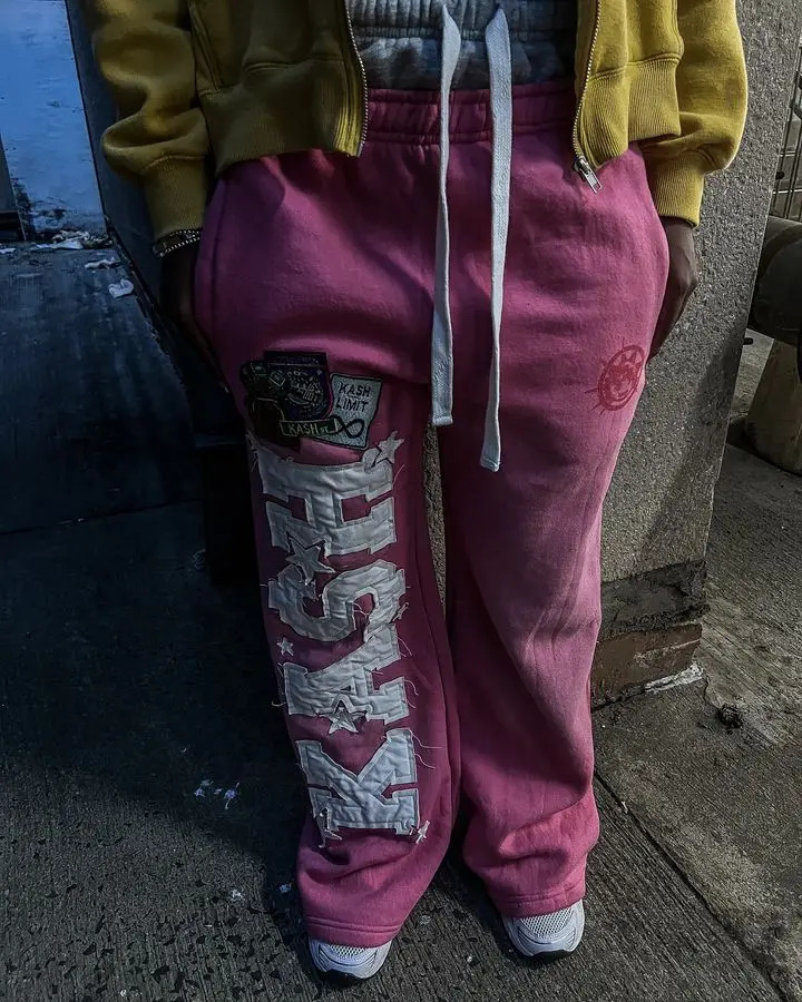 Streetwear Retro Pink Double Layer Sweatpants Y2K Men Women Gothic Hip Hop Letter Patch Baggy Pants Casual Jogging 250122
