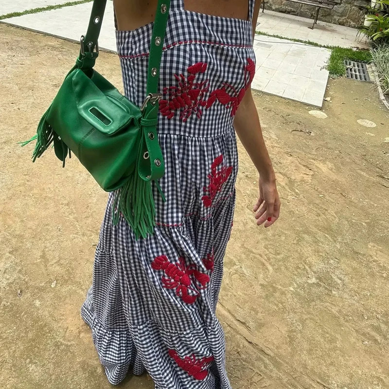 HXAO Women Ruffle Embroidery Slip Dress Sleeveless Plaid Dress Pleated Backless Beach Dress Holiday Woman Summer Dress 2024 250121