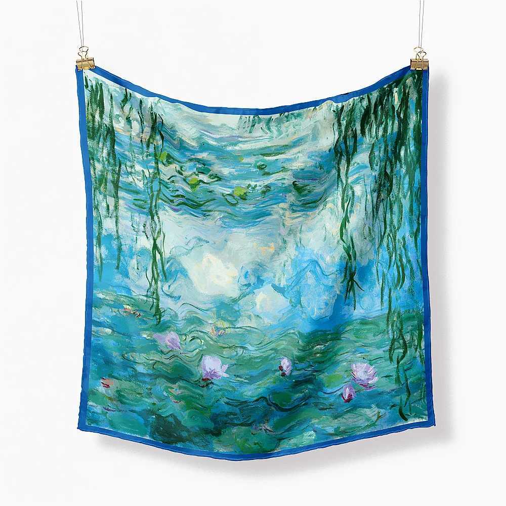 Monet Oil Painting Twill % Silk Scarf Fashion Bandana Women Scarf Wrs 53cm Square Scarves Hijab Head Scarf Neckerchief W250118