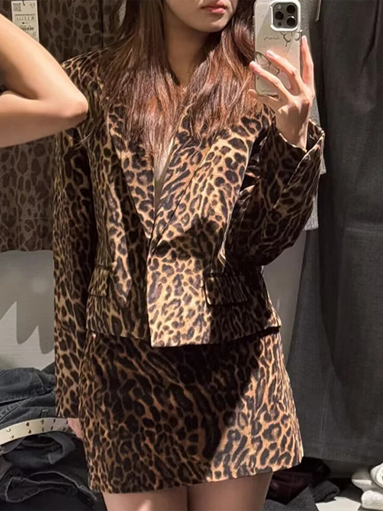 Chic Animal Leopard Mini Skirt Sets For Women Elegant Lapel Blazer Jacket A Line Short Skirt 2 Pieces Suits Office Lady Outfits 250113