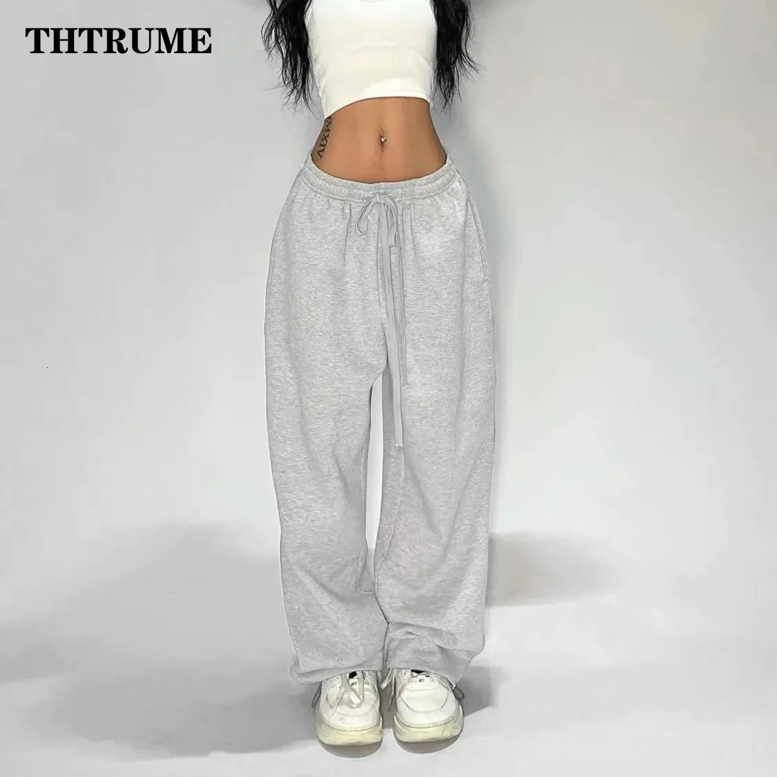 Casual Women Solid Pant Fashion Summer Oversized Vintage Pocket Drawstring Wide Leg Pants Elegant Loose Baggy Chic Trousers 250122