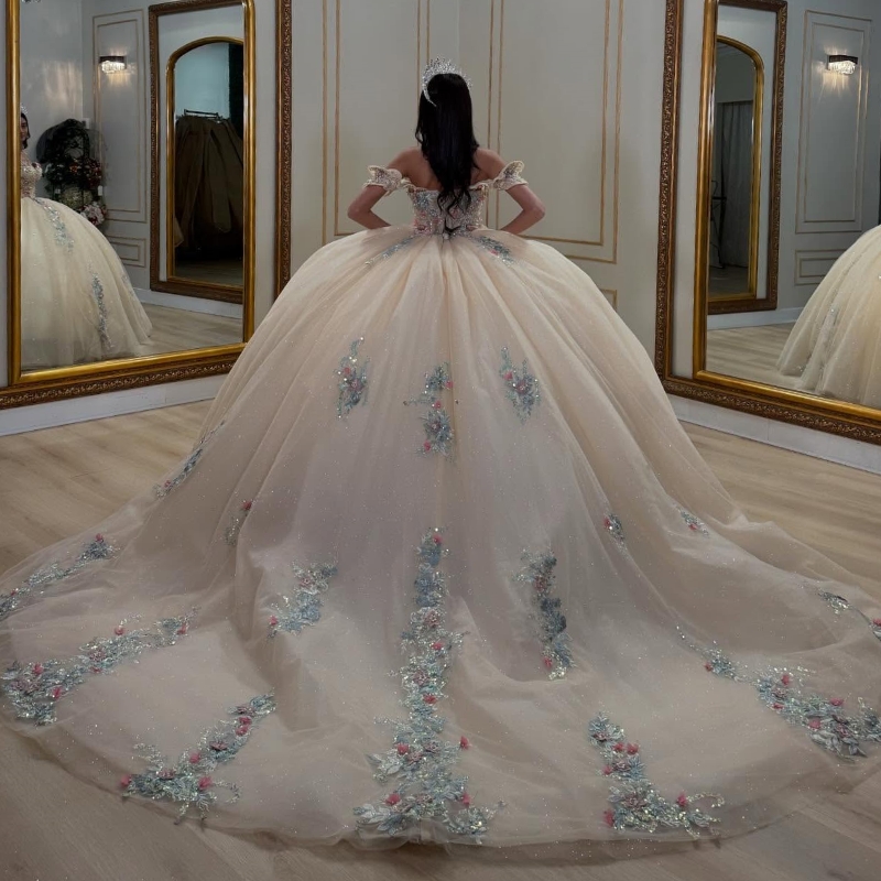 Champagne Quinceanera Dresses Ball Gown Off The Shoulder Applique Lace Beading Tull Party Birthday Sweet 16 Dress Vestidos 15 De Anos