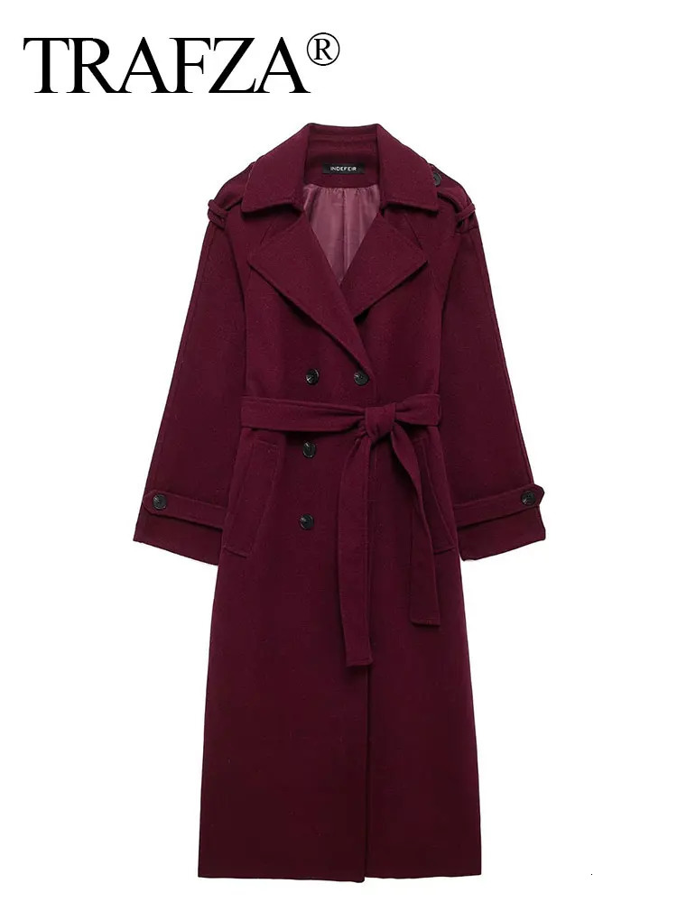 TRAFZA Women Elegant Burgundy Oversize Lapel Coat Belt Wool Blend Double Breasted Long Sleeve Jacket 2024 Autumn Commute Outwear 250110