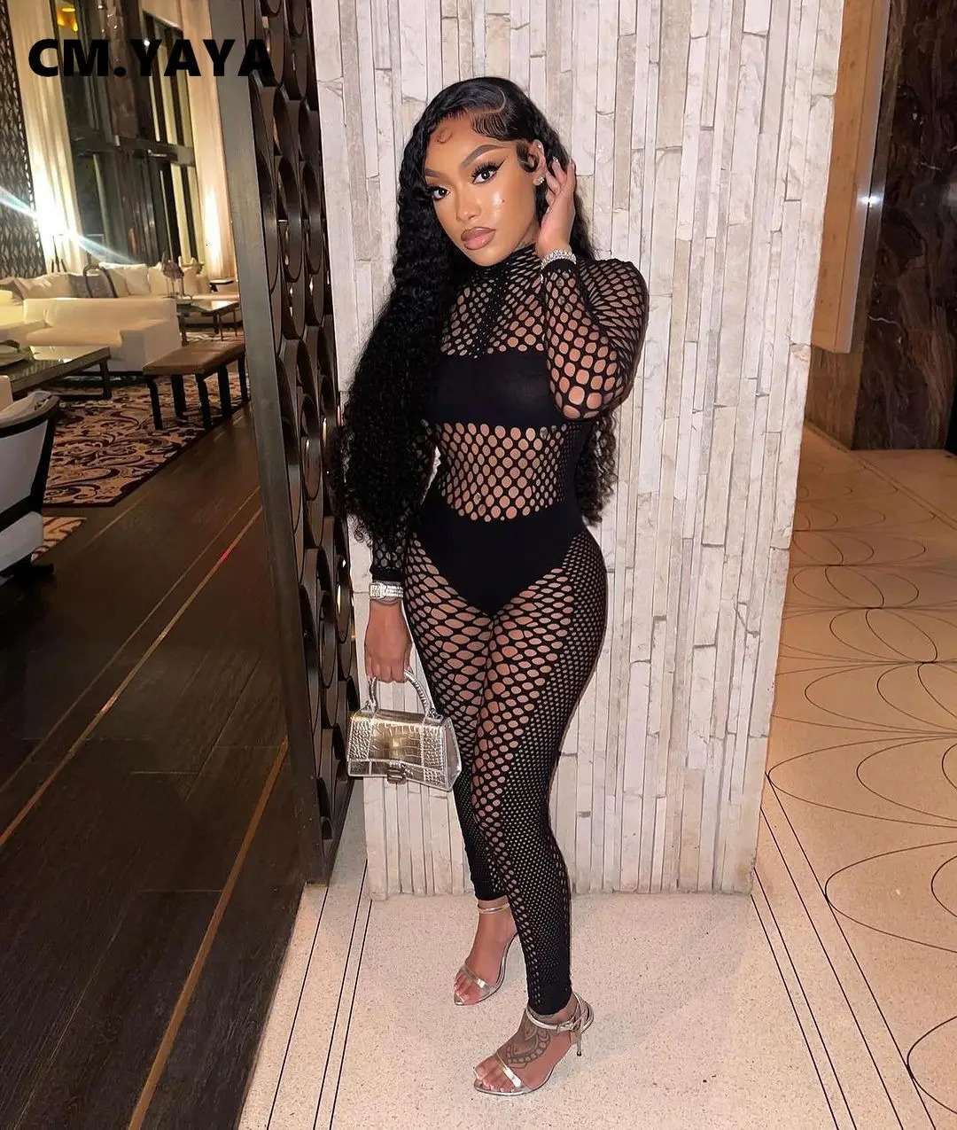 CM.YAYA O-neck Full Sleeve Women Sets Mesh Hollow Out Casual Top Pant Night Club 2 Two Piece Sets Sexy Perspective Outfits 250122