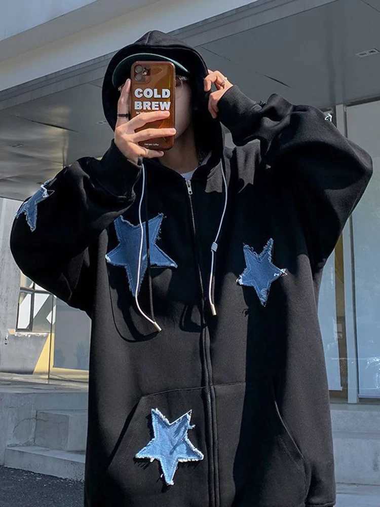 Y2k Hip Hop Womens Star Patch Zip Up Hoodie for Women Oversized Sweatshirt Jacket E-Girl 90s Pullover Gothic Streetwear W250117