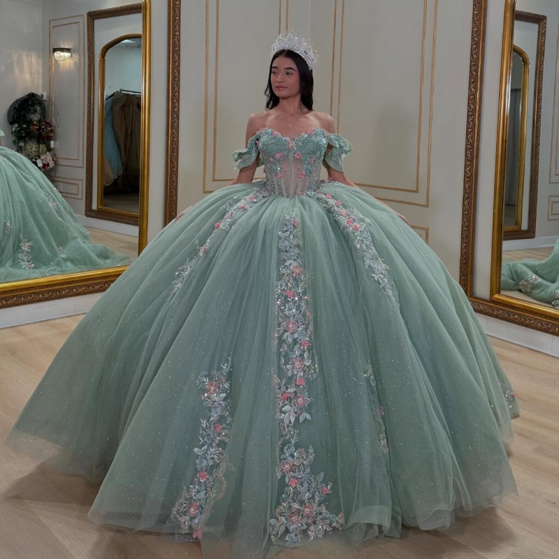 Mint Green Quinceanera Dresses Ball Gown Off Shoulder Appliques Lace Beading Crystal Bow Tull Corset Birthday Payty Sweet 16 Dress Vestidos 15 De Anos