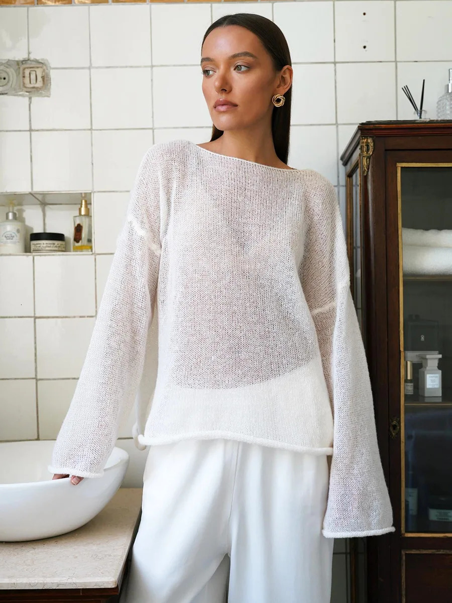 T Shirts Oversize Thin Knitted Pullovers Women Summer Trumpet Long Sleeve T Shirt For Women Loose Top Tees Transparent Sweater 250113