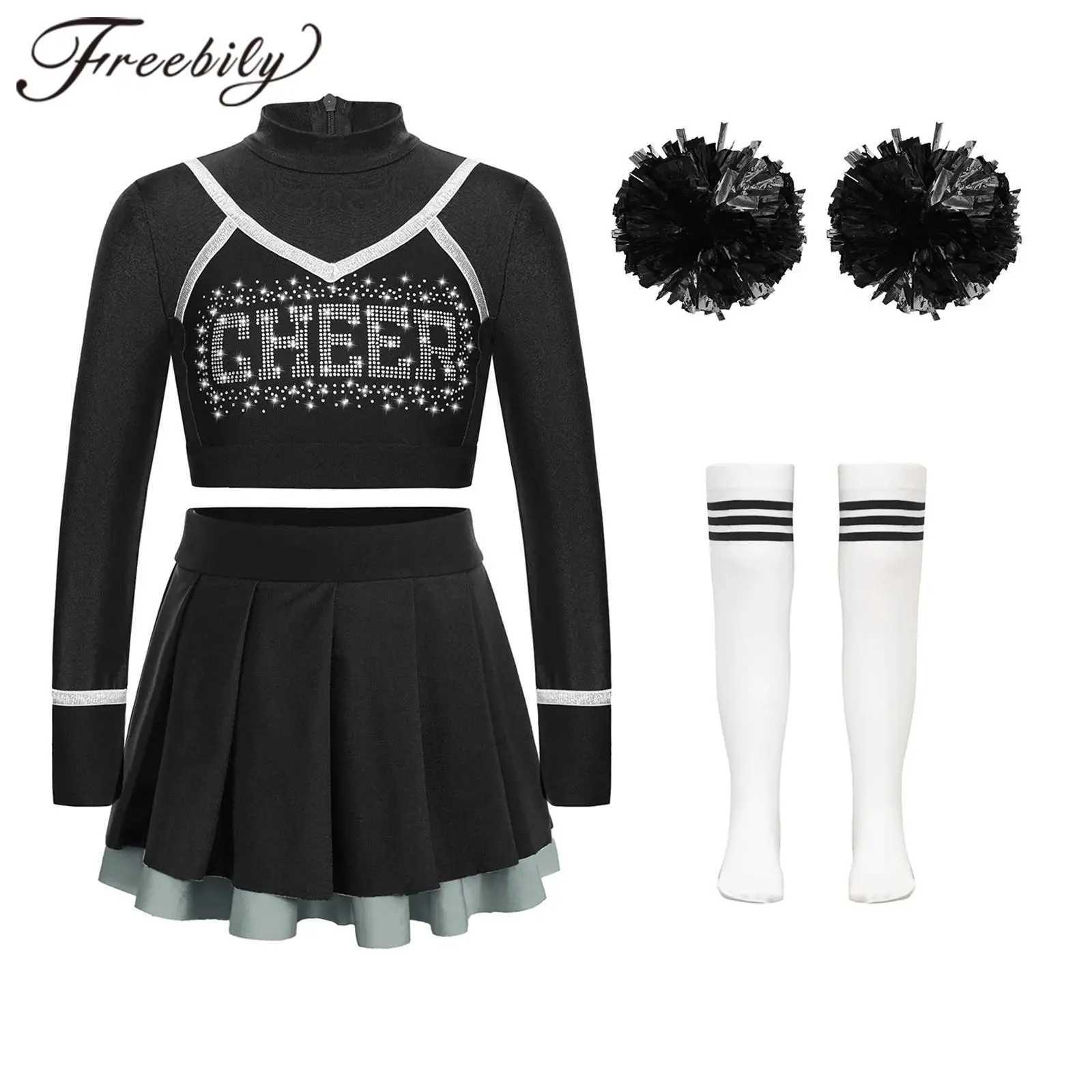 Kid Girls Cheerleading Uniform Cheerlead Dance Outfit Crop Top Pleated Skirt Flower Balls Socks for Cheering Team Dancewear SetsW250121