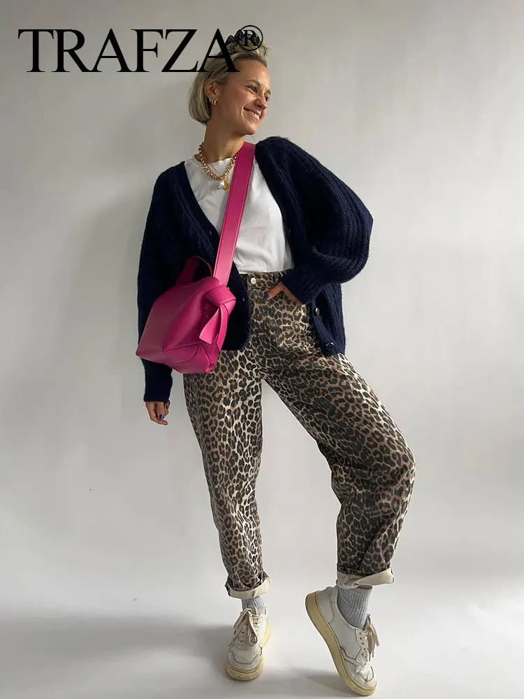 TRAFZA Woman Leopard Print Trouser High Waist Loose Zipper Fly Female Long Pants Vintage Streetwear Womens Wide Leg Pant 250117