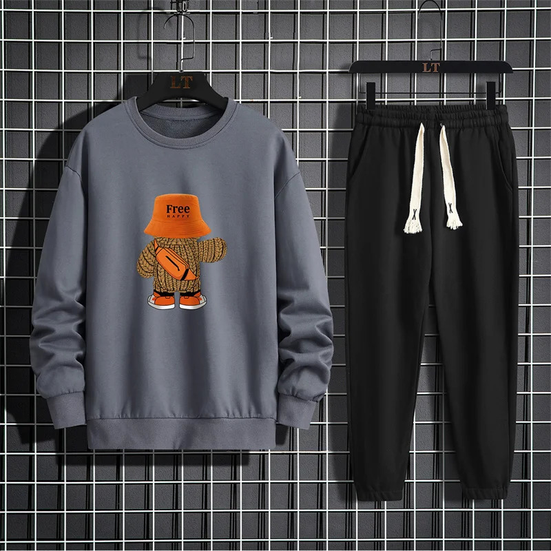 Spring and Autumn mens suit cartoon print round neck long sleeved loose sports shirt with casual sports pants two-piece set 250117