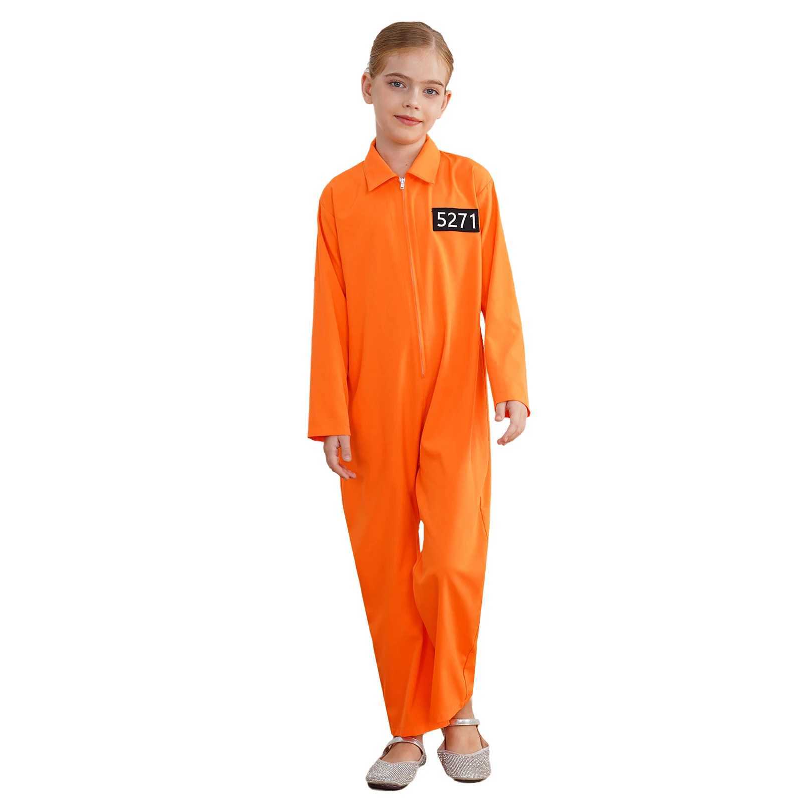 Girls Orange Prisoner Costume Long Sleeve Prisoner Jumpsuit Jailbird Inmate Prison Uniform Theme Party Halloween Cosplay Costume W250117