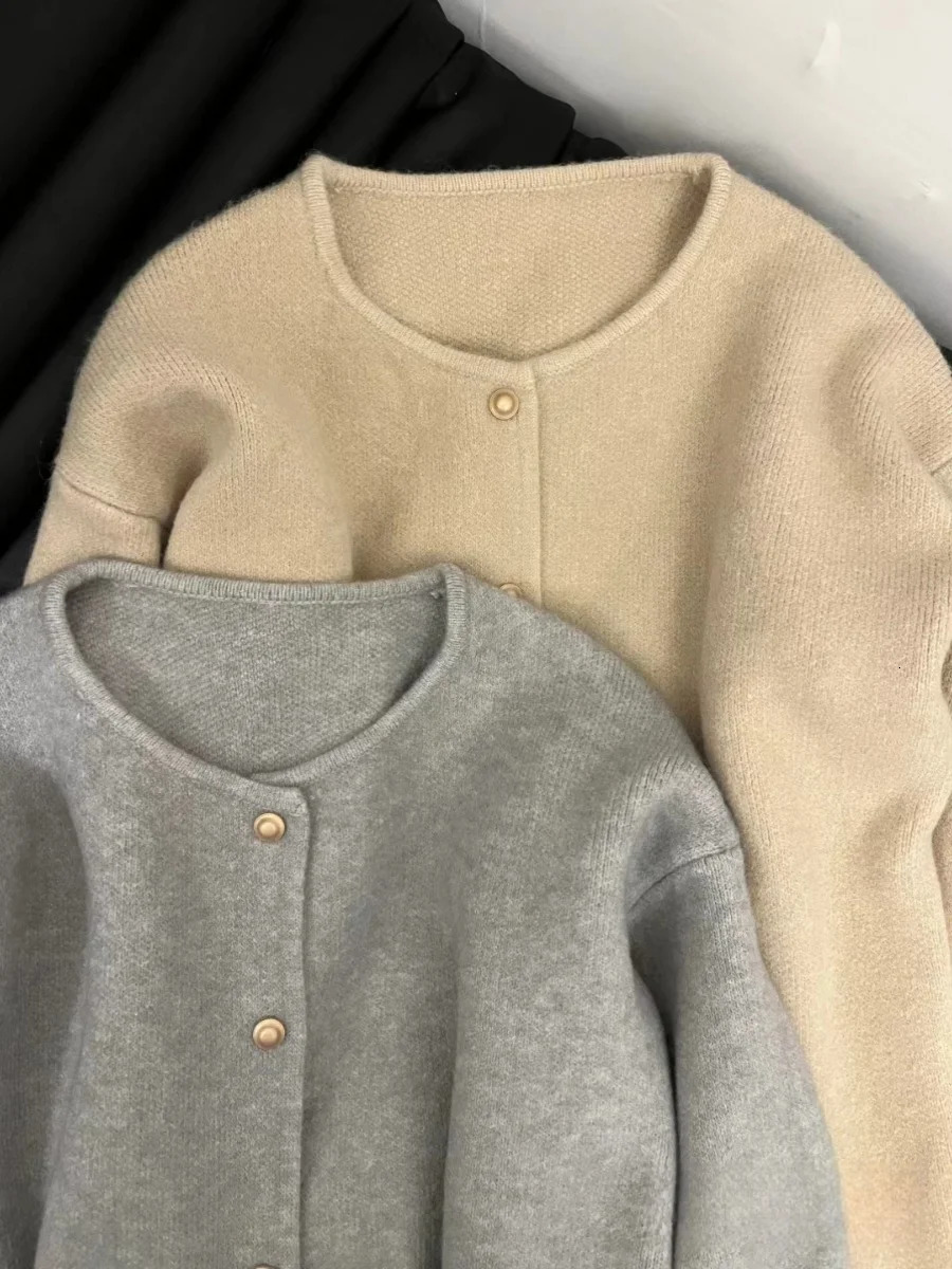 Elegant O-Neck Knitted Sweater Cardigan Spring Autumn Korean Loose Versatile Long Sleeved Top Single Breasted Jacket 250118