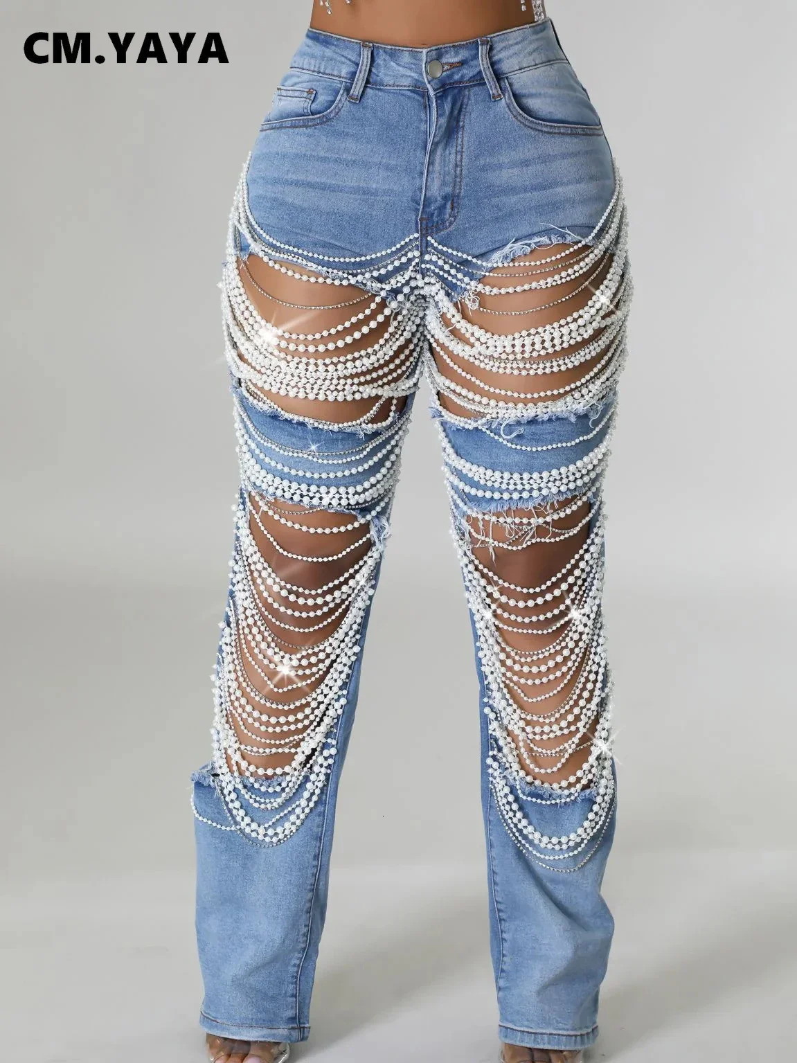 CM.YAYA Women Fashion Pearl Beading Ripped Hollow Out Tassel Wide Leg Jeans Summer INS Street Denim Pants Trousers 250117