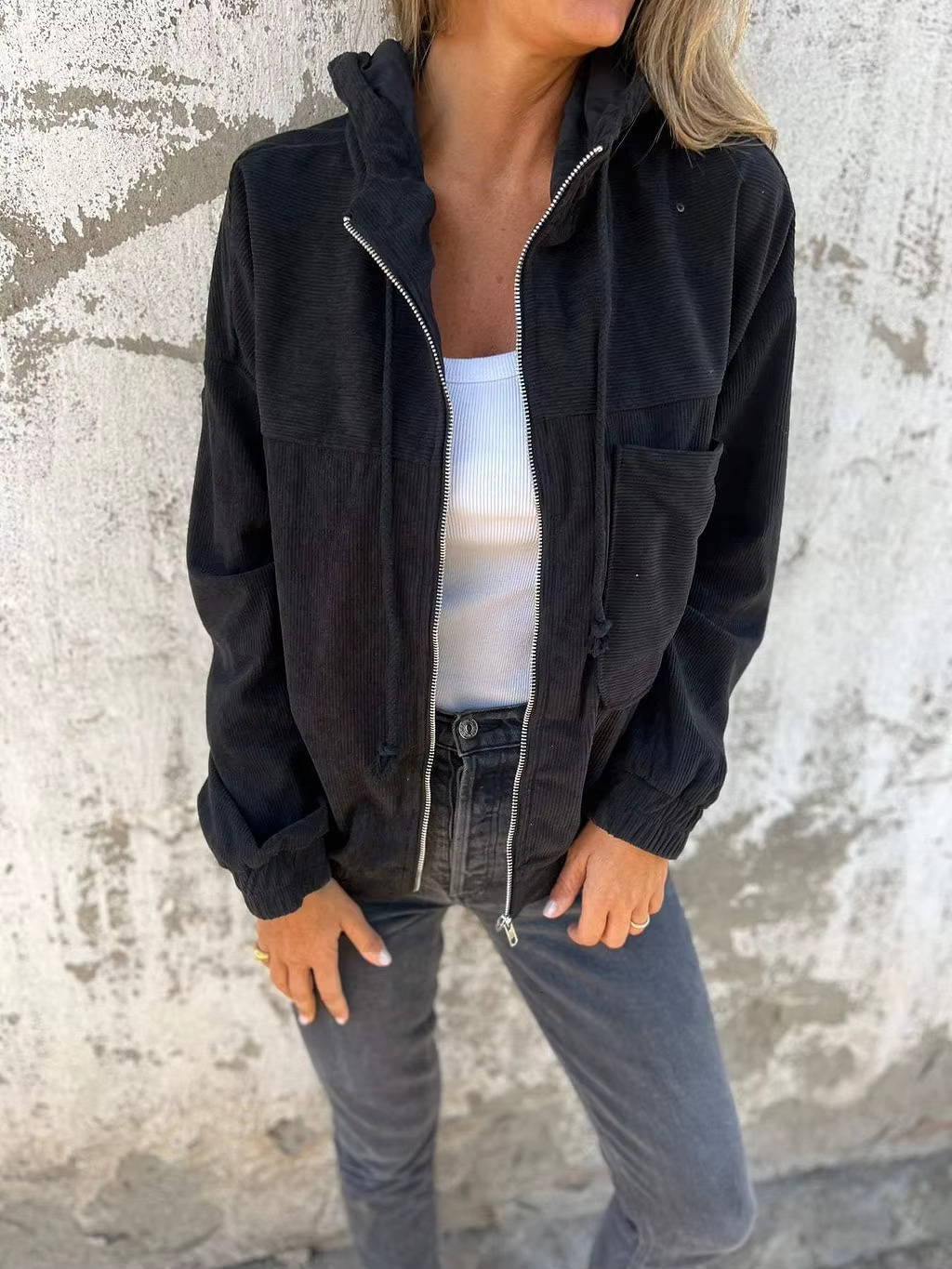 Autumn New Solid Color Jacket Coat Women's Simple Style Corduroy Hooded Coats Women Fashion Pocket Long Sleeve Casual Jackets