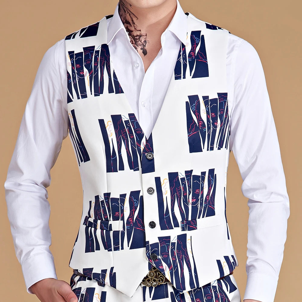 Mens Printing Suit Vest Fashion Casual High Quality Single Breasted Slim Large Size Business Waistcoat Man 250114Z