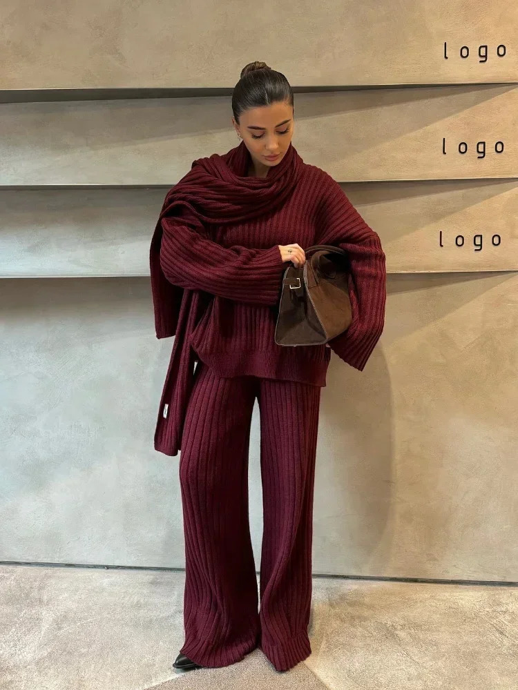 Elegant Loose Lady Burgundy Knit Pullover Pants Suits Fashion Scarf Collar Sweater Straight Set Spring Street Outfits 250113
