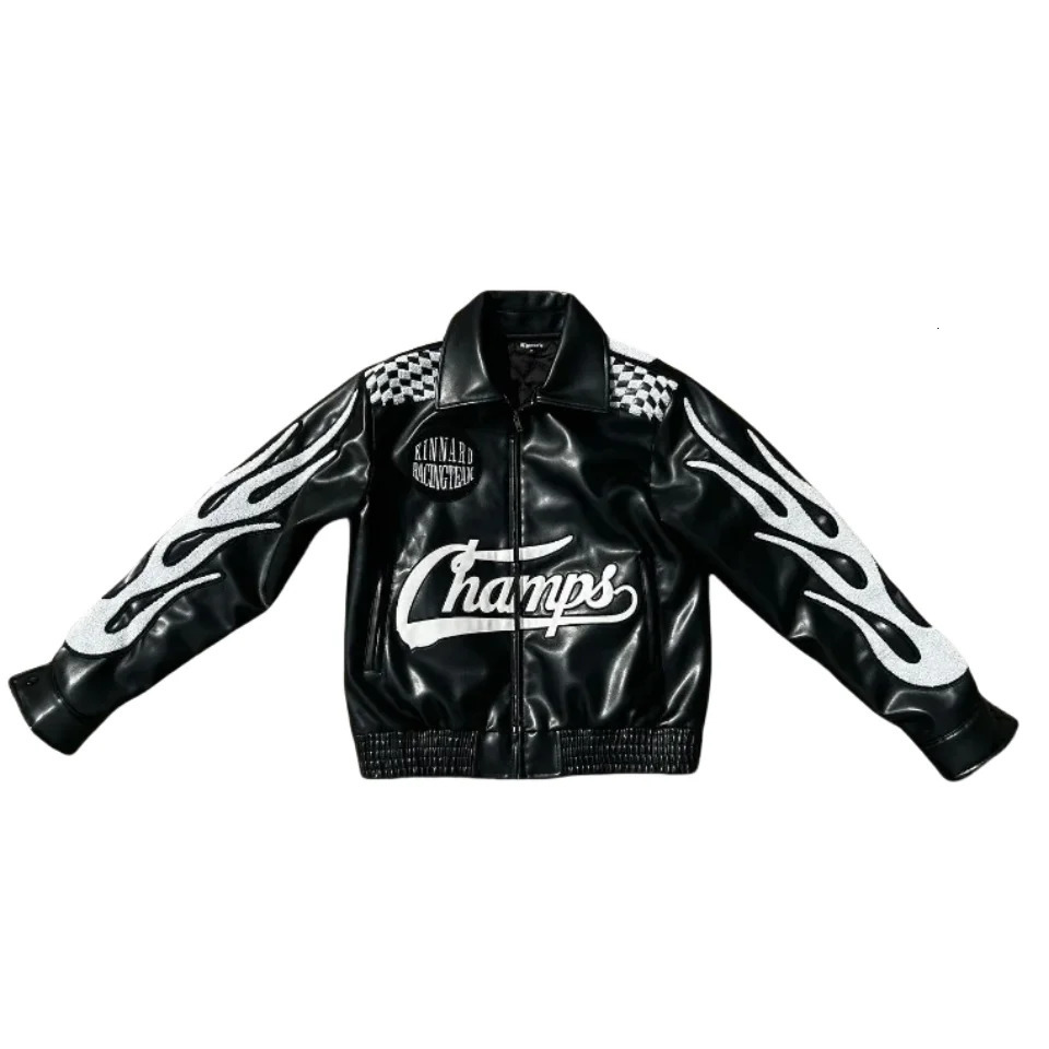 American Hip Hop PU Leather Flame Racing Element Embroidery Zipper Jacket Men Clothes Y2k Autumn Winter Fashion Couple Coat 250120