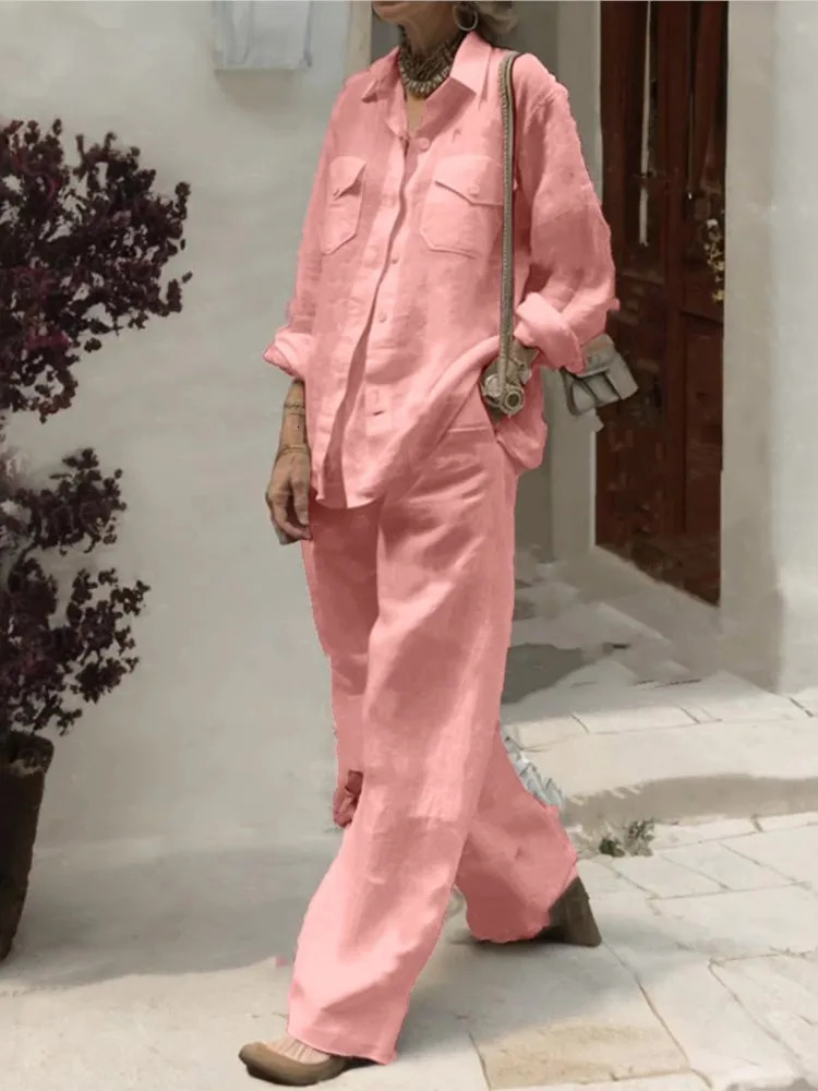 Women Linen And Cotton Two-piece Set Loose Collared Pants Pocket Shirt Wide Legs Spring And Autumn 250120